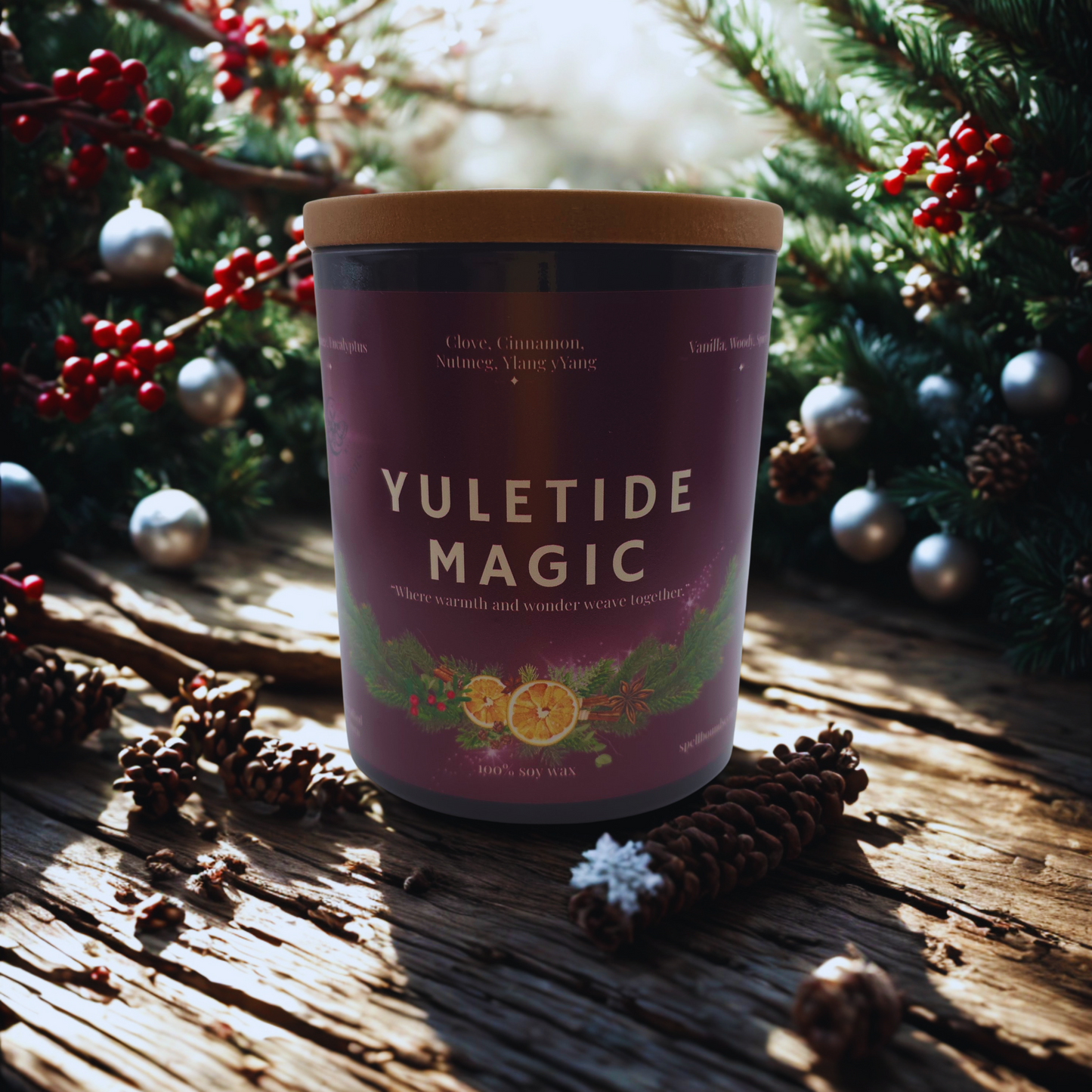 Yuletide Magic Soy Wax Candle – Spiced Orange, Cinnamon & Winter Woods in Emerald Green Jar