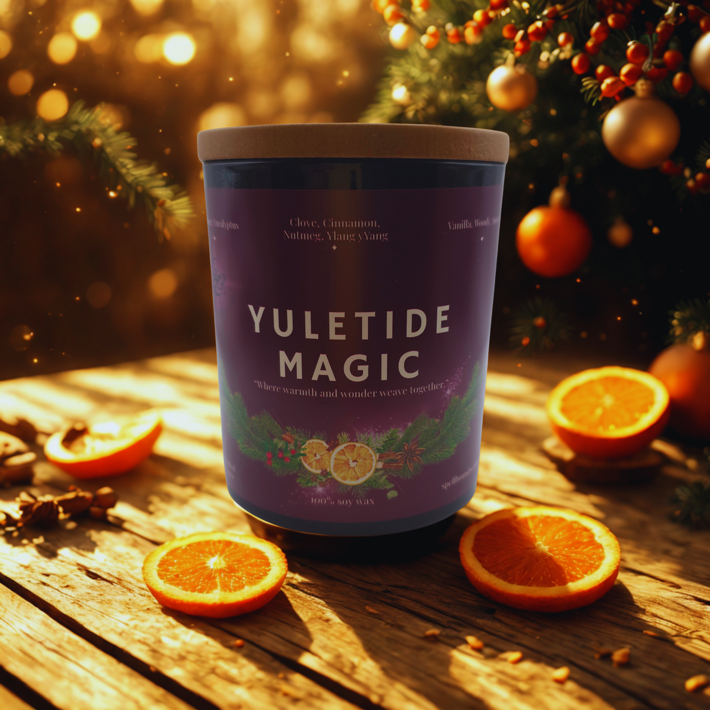 Yuletide Magic Soy Wax Candle – Spiced Orange, Cinnamon & Winter Woods in Emerald Green Jar