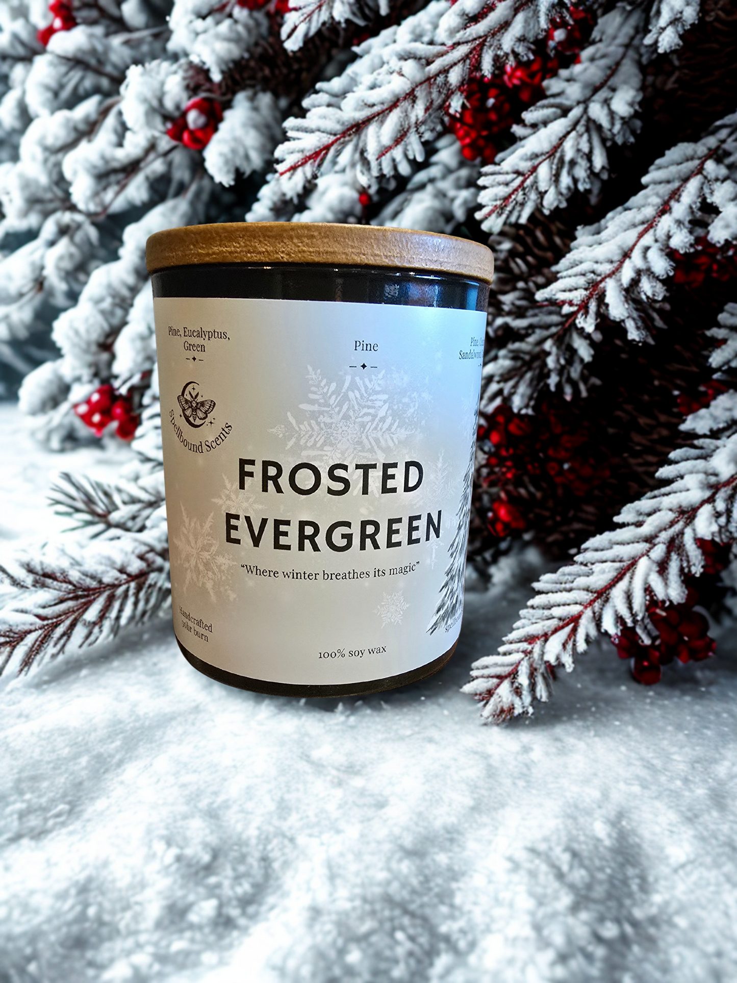 Frosted Evergreen Candle – Eco-Luxury Soy Wax Candle with Pine, Eucalyptus & Cedarwood - Christmas Tree Scent