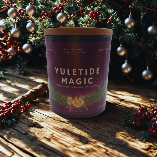 Yuletide Magic Soy Wax Candle – Spiced Orange, Cinnamon & Winter Woods in Emerald Green Jar