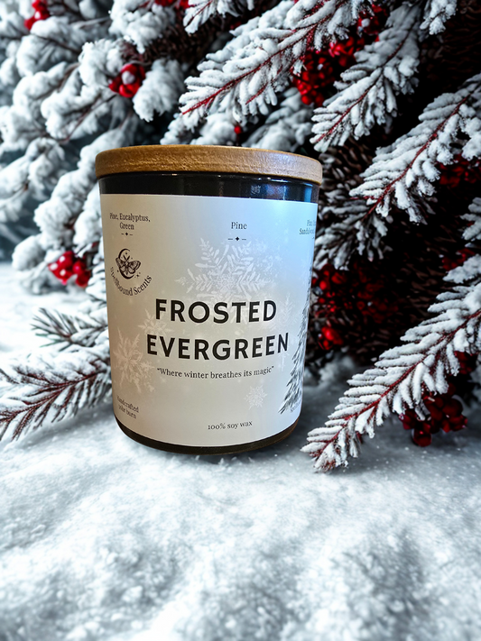 Frosted Evergreen Candle – Eco-Luxury Soy Wax Candle with Pine, Eucalyptus & Cedarwood - Christmas Tree Scent