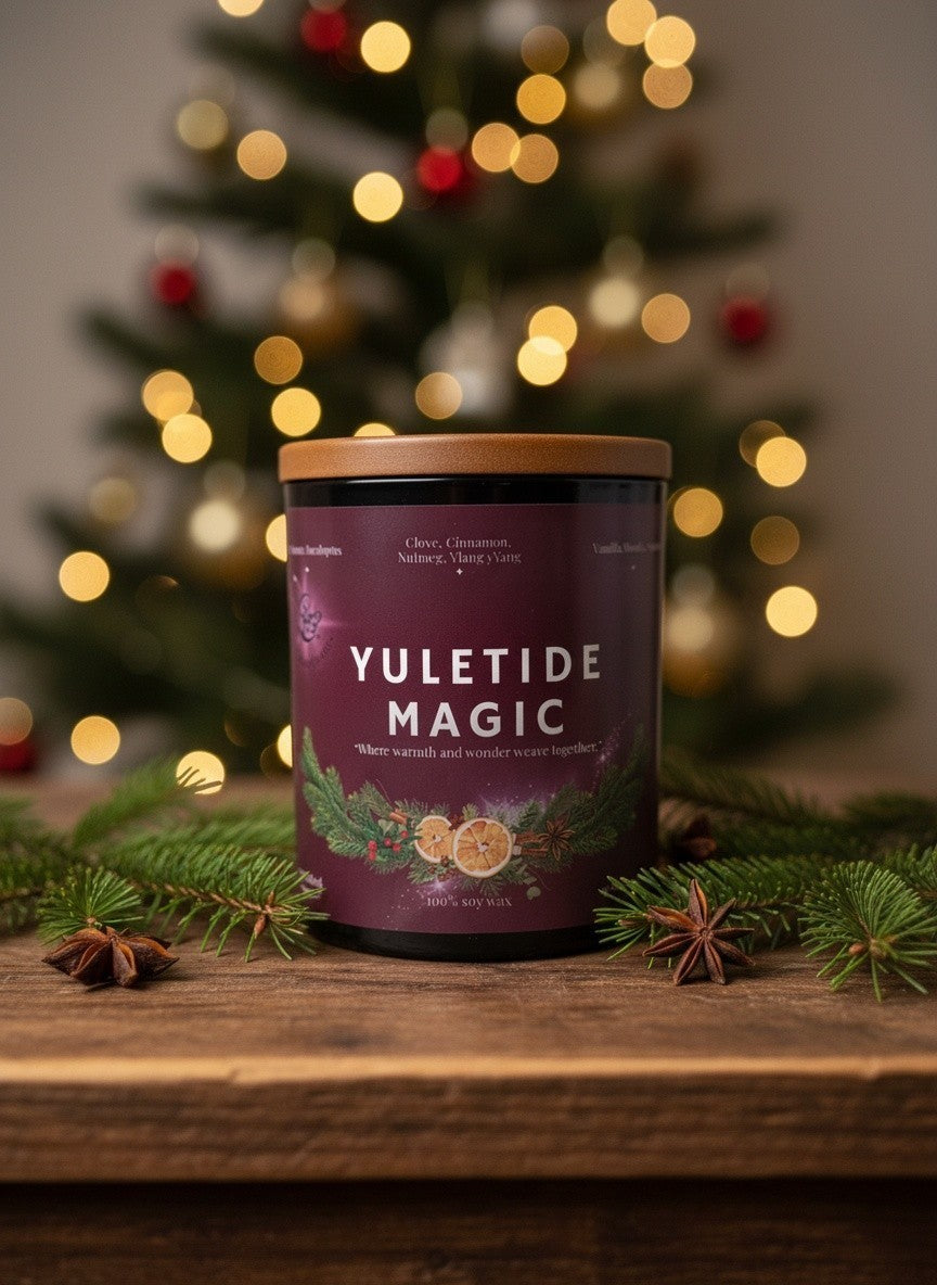 Yuletide Magic Christmas candle by Spellbound Scents styled with evergreen branches and festive spices