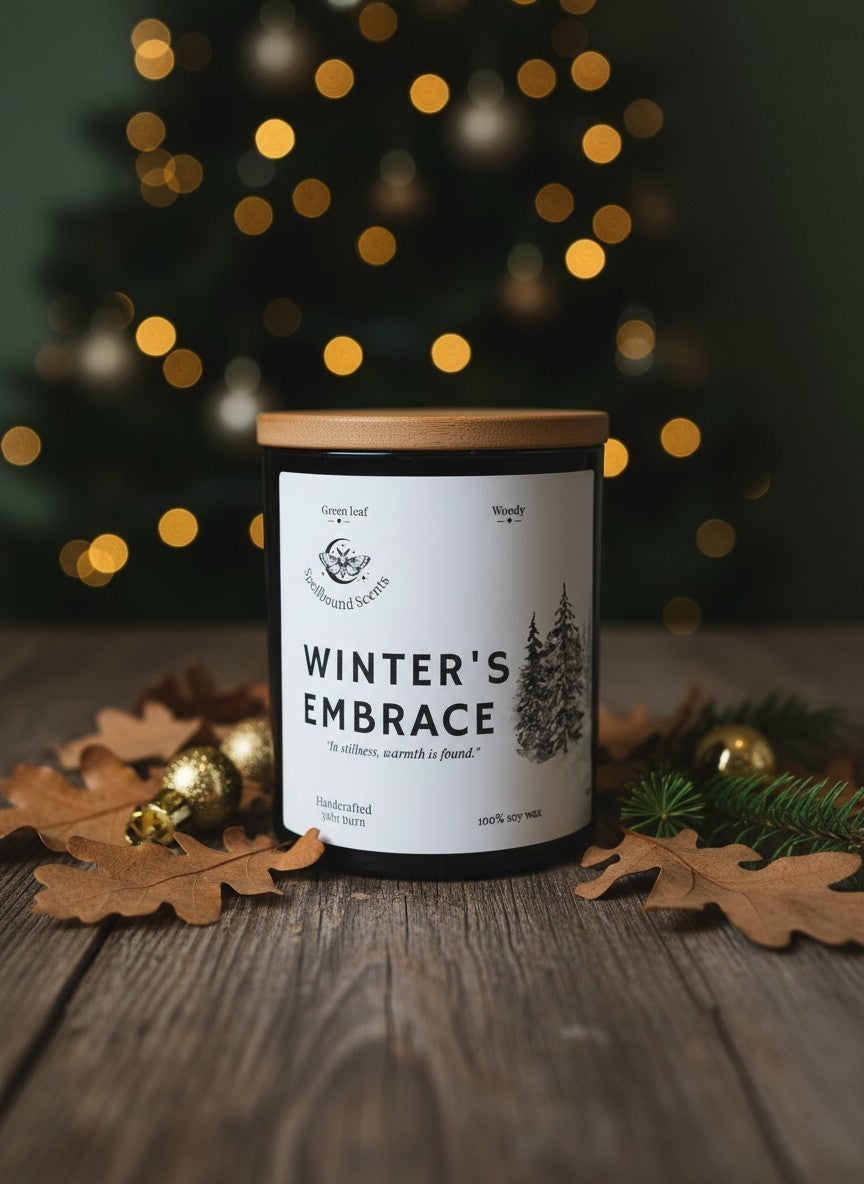 Winter’s Embrace Christmas candle by Spellbound Scents styled with winter foliage and festive decorations