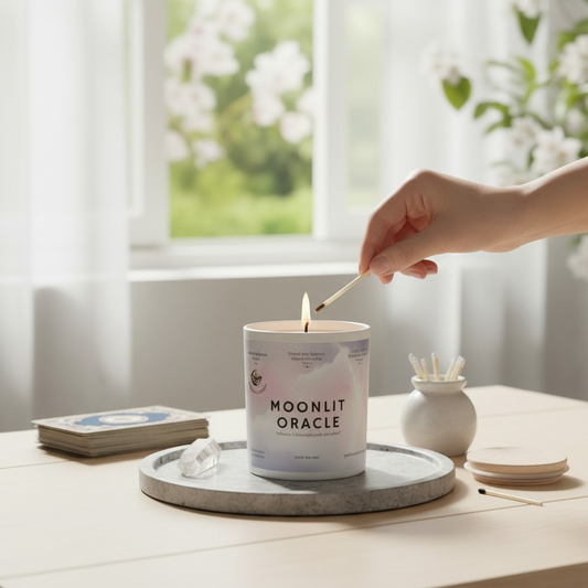 Lighting a Moonlit Oracle luxury candle for a calming home fragrance ritual