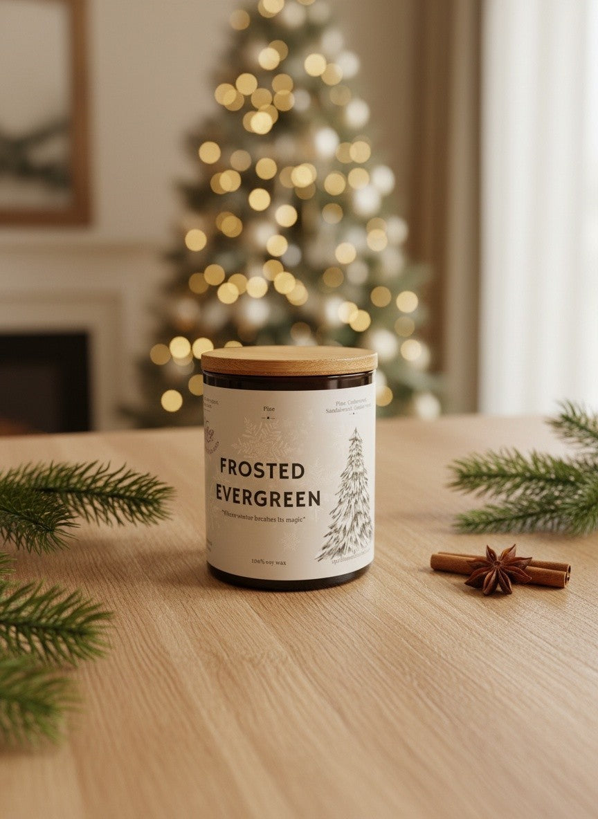 Frosted Evergreen luxury Christmas candle in a festive home setting beside a Christmas tree