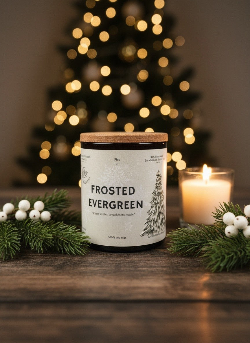 Frosted Evergreen Christmas candle by Spellbound Scents styled with evergreen branches beside a glowing candle