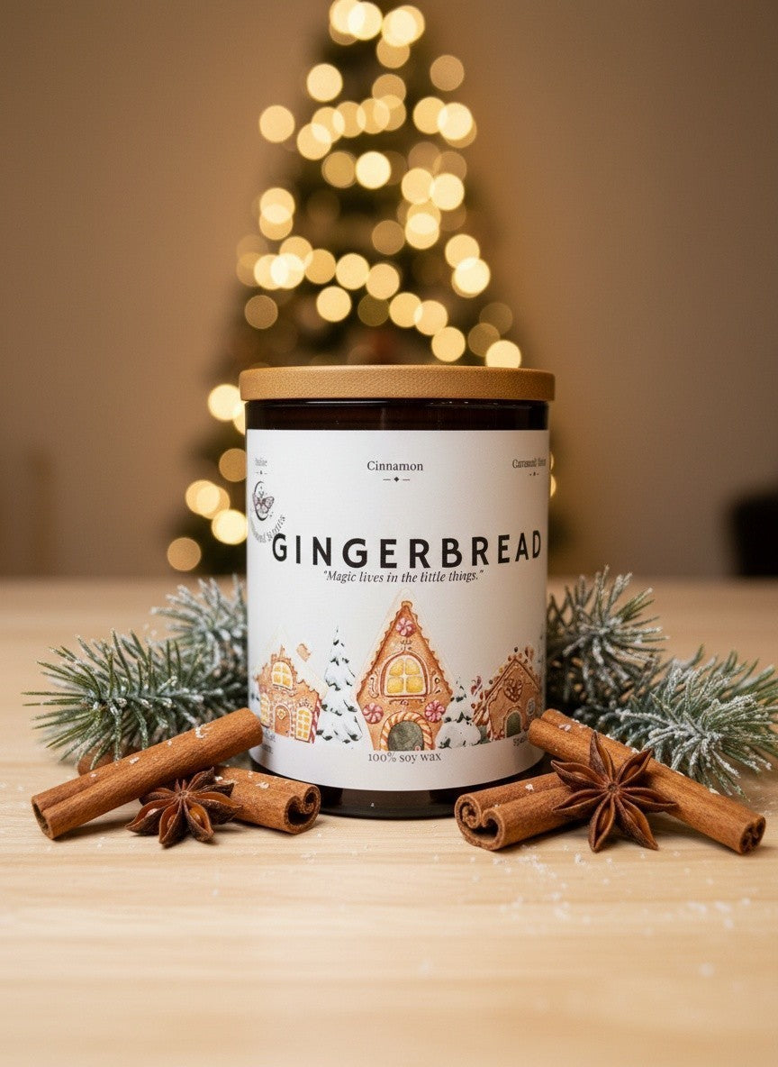 Gingerbread scented Christmas candle styled with cinnamon, star anise and evergreen foliage