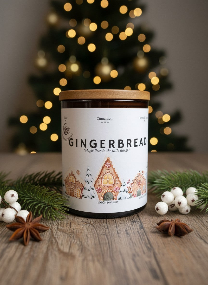 Gingerbread Christmas candle by Spellbound Scents in amber glass with festive styling